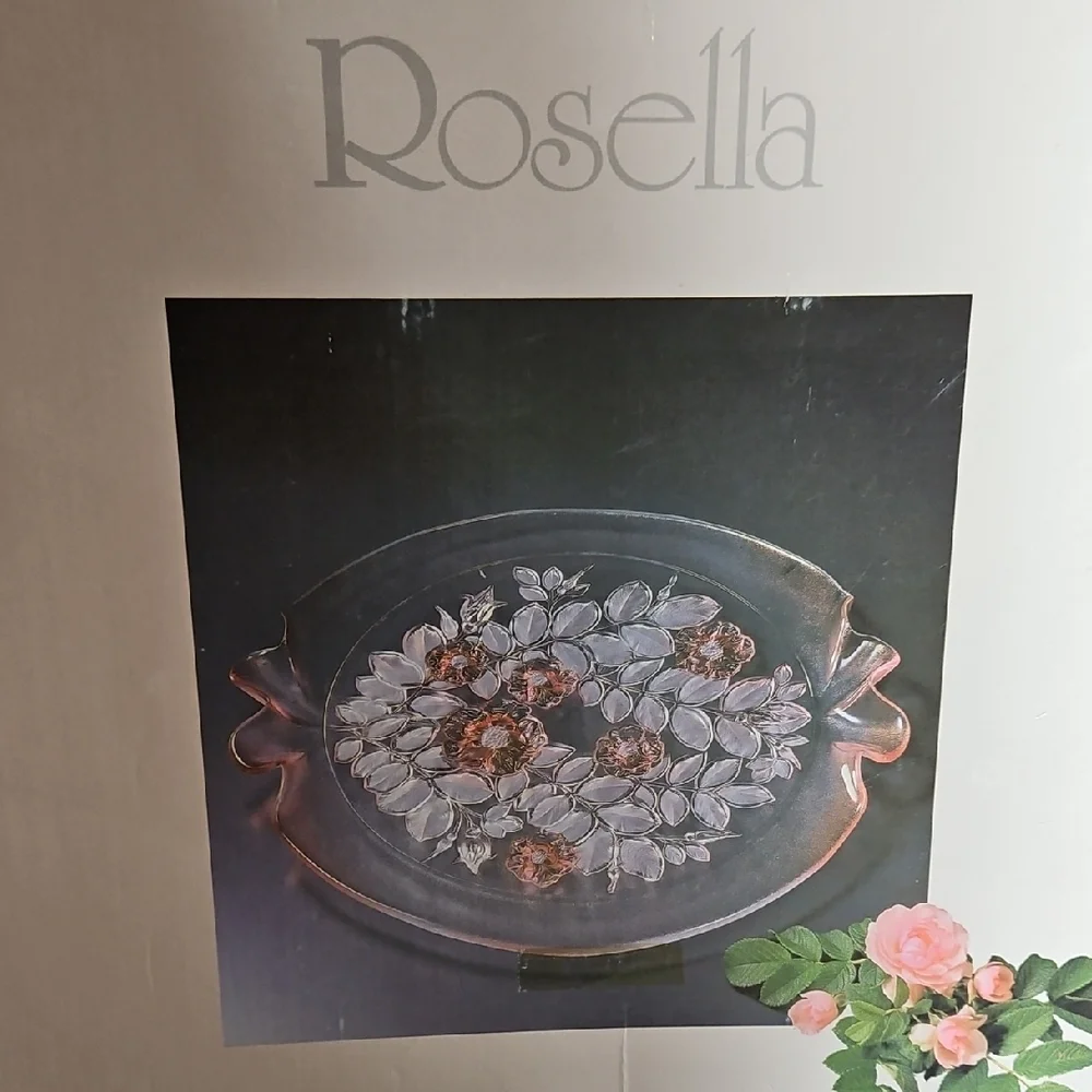 VTG Walther Glas Rosella Pink Frosted Floral Glass Platter NWT Germany